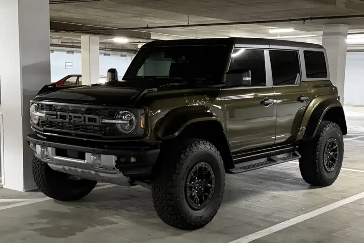 Green Ford Bronco with glossy paint correction finish