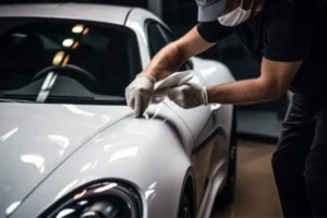 Technician performing paint correction on a white sports car.
